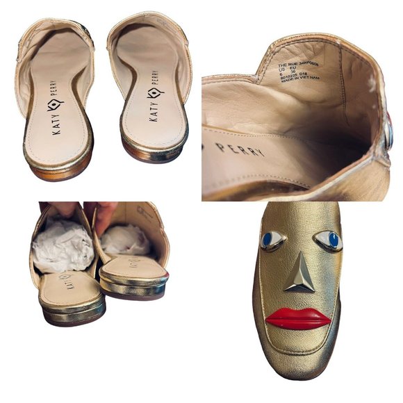 Katy Perry THE RUE Gold Mules Slides Size 6 Party Fun Artsy 3D Modern Glam Face - Picture 6 of 13